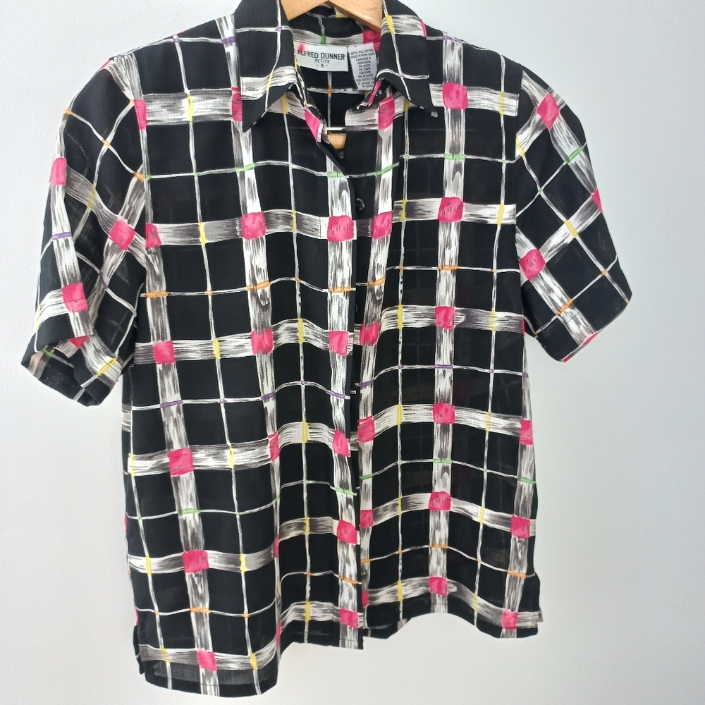 Vintage Alfred Dunner Women's Stylish Black/Pink Checkered Shirt Size 6 P US